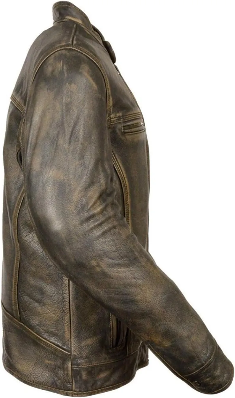 Mens Cafe Racer Vintage Motorcycle Distressed Retro Biker Leather Jacket