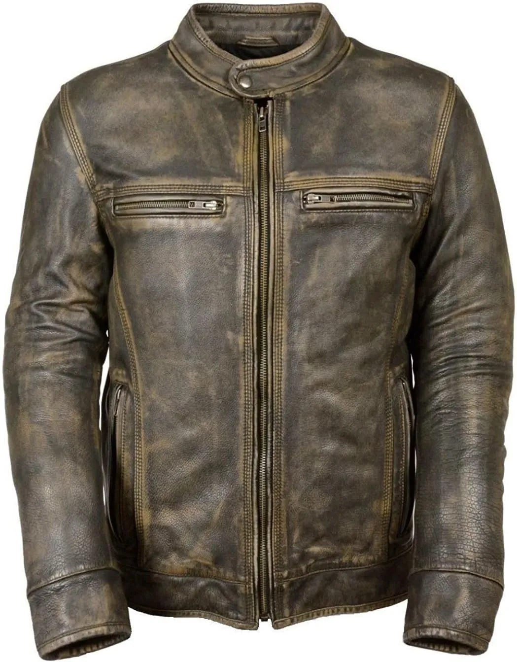 Mens Cafe Racer Vintage Motorcycle Distressed Retro Biker Leather Jacket