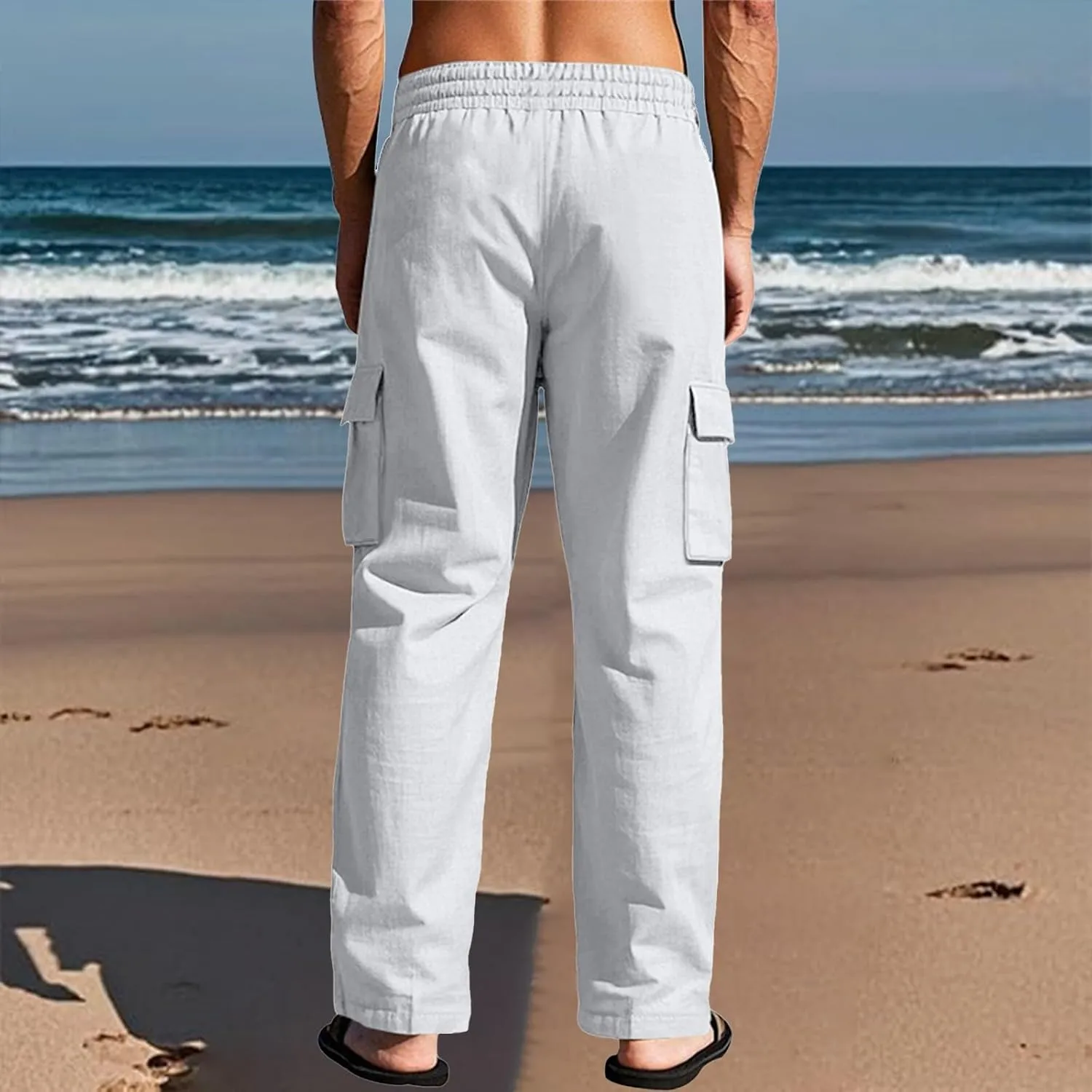 Mens Cargo Linen Pants Drawstring Waist Wide Leg Summer Pants Lightweight Comfy Boho Beach Lounge Trousers w/Pockets
