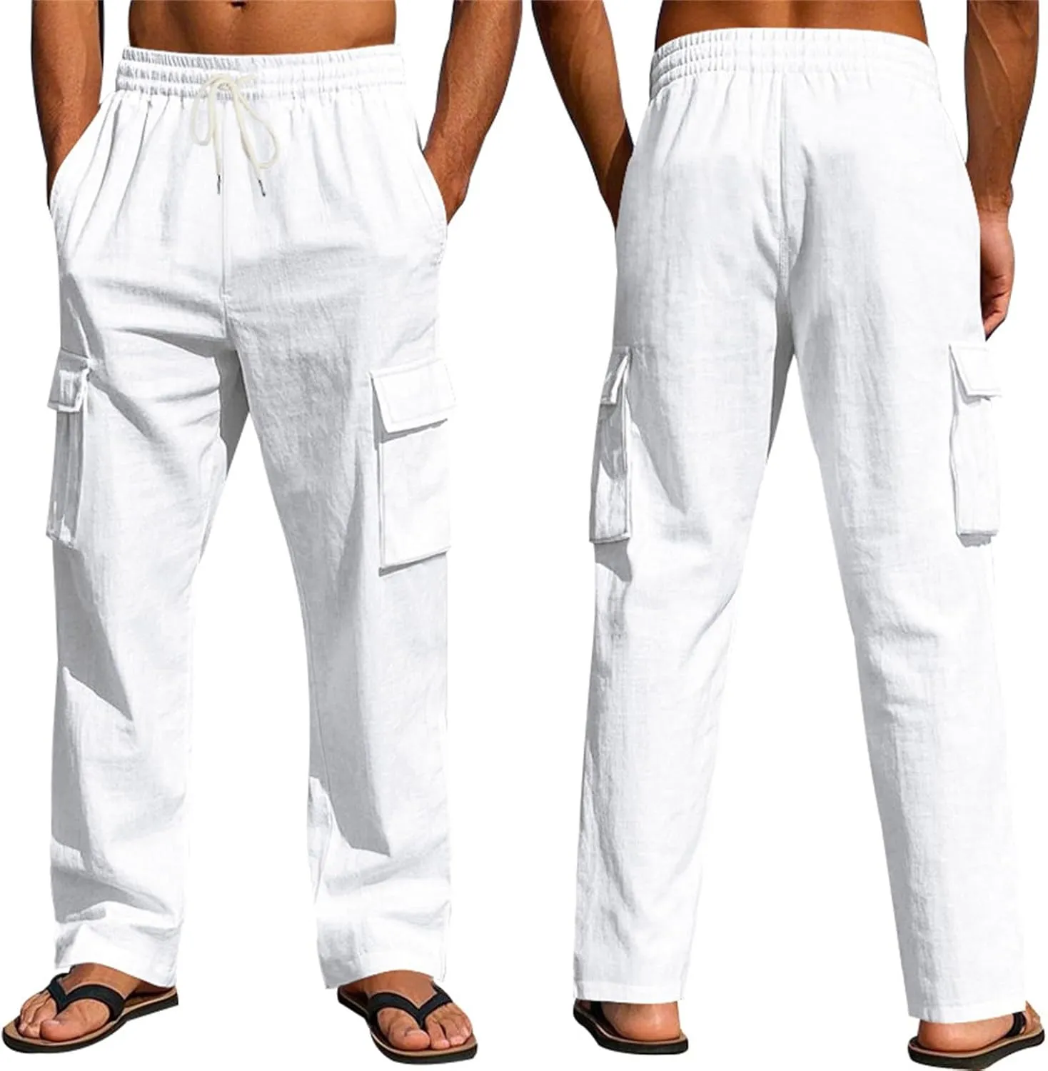 Mens Cargo Linen Pants Drawstring Waist Wide Leg Summer Pants Lightweight Comfy Boho Beach Lounge Trousers w/Pockets