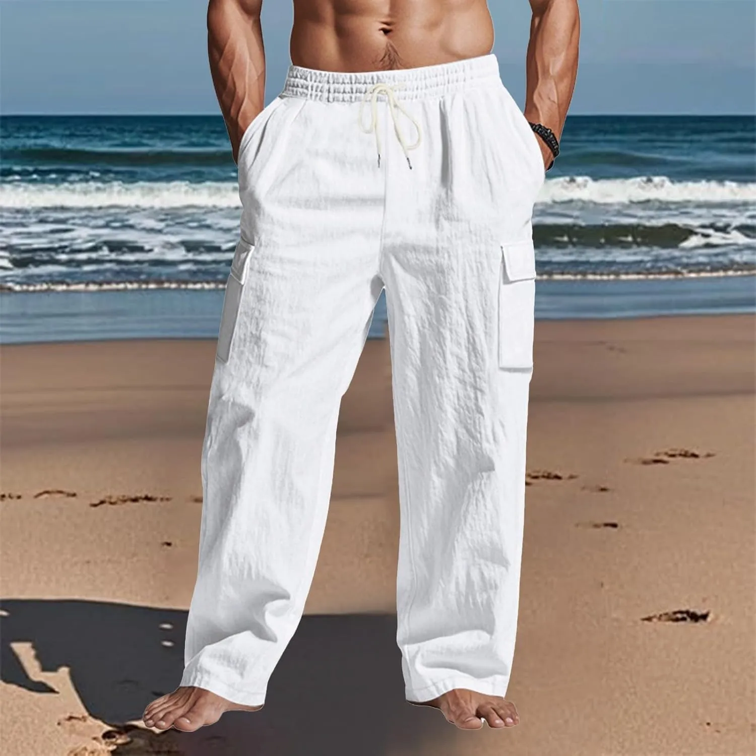 Mens Cargo Linen Pants Drawstring Waist Wide Leg Summer Pants Lightweight Comfy Boho Beach Lounge Trousers w/Pockets