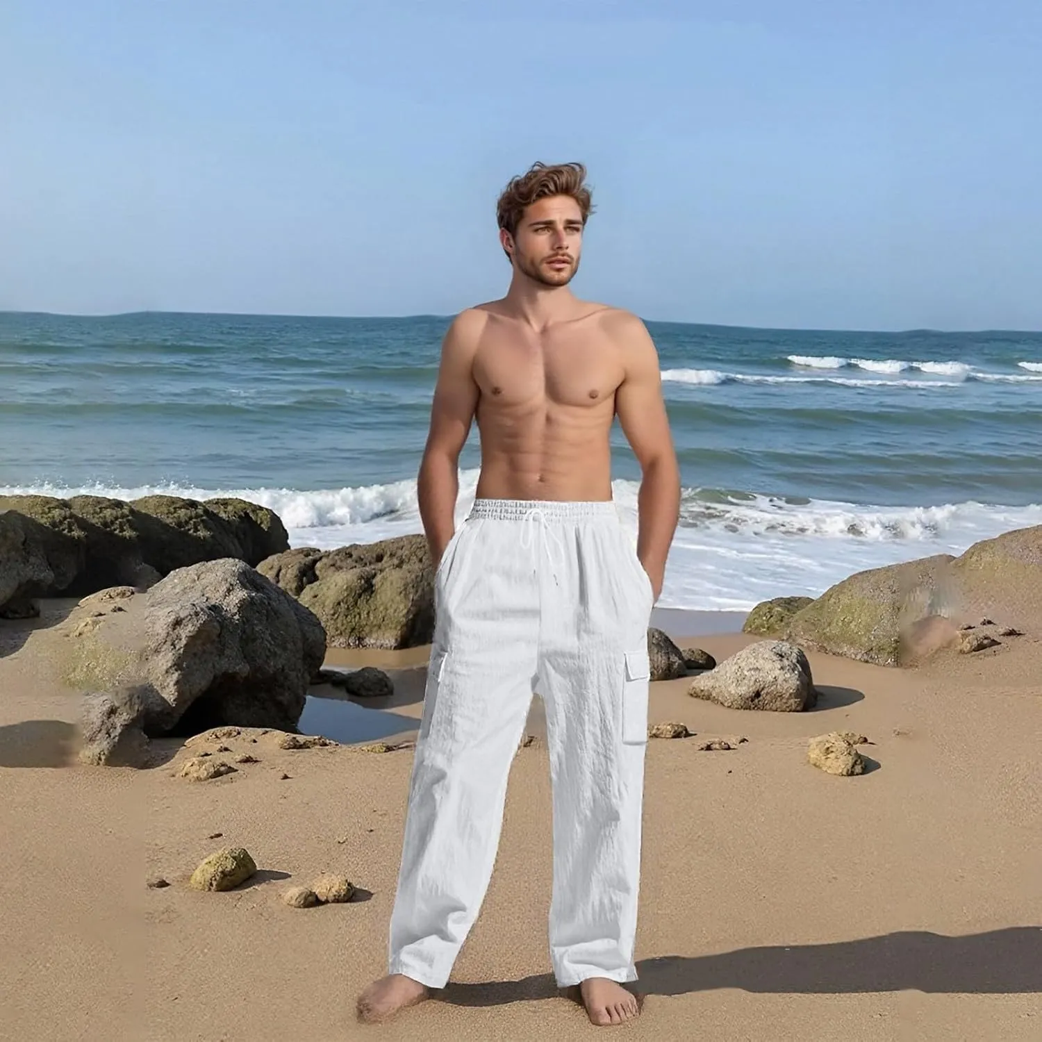 Mens Cargo Linen Pants Drawstring Waist Wide Leg Summer Pants Lightweight Comfy Boho Beach Lounge Trousers w/Pockets