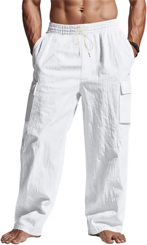 Mens Cargo Linen Pants Drawstring Waist Wide Leg Summer Pants Lightweight Comfy Boho Beach Lounge Trousers w/Pockets