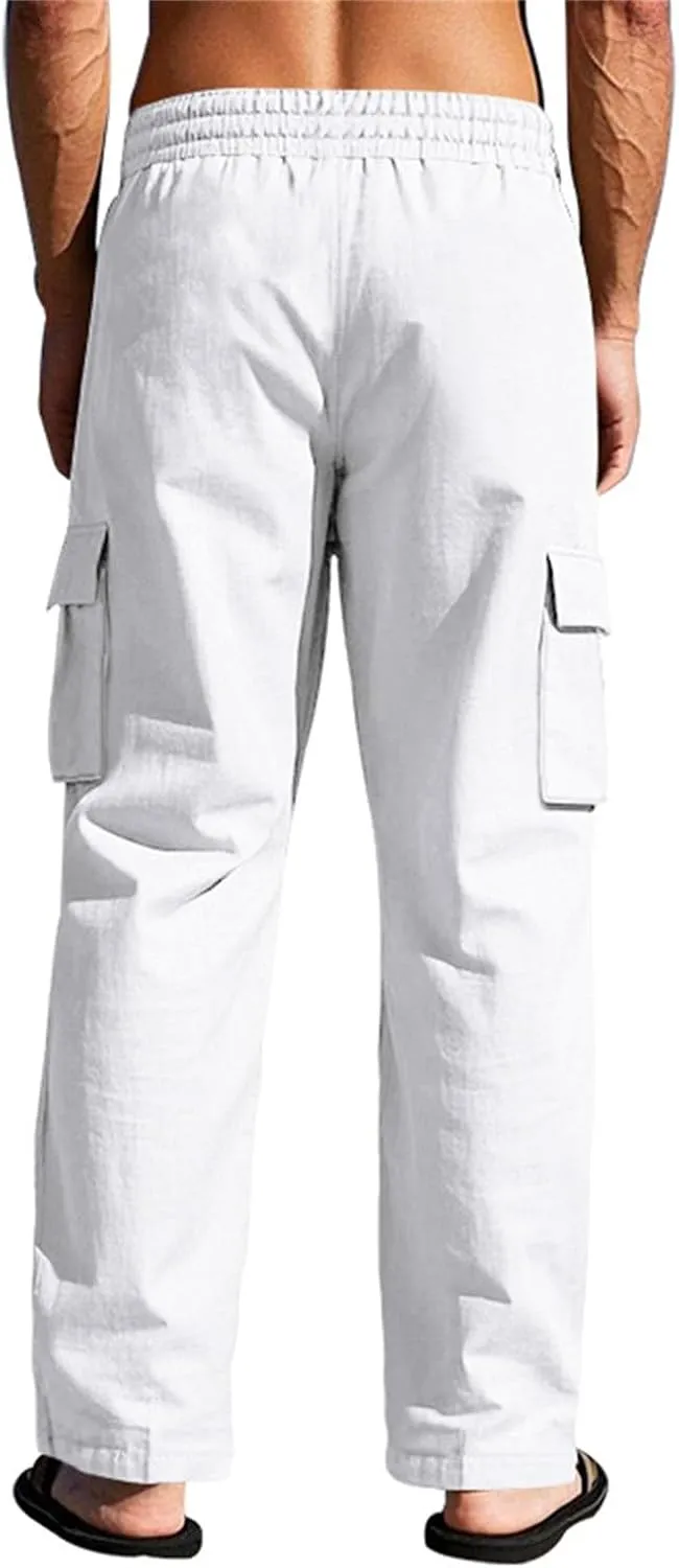 Mens Cargo Linen Pants Drawstring Waist Wide Leg Summer Pants Lightweight Comfy Boho Beach Lounge Trousers w/Pockets