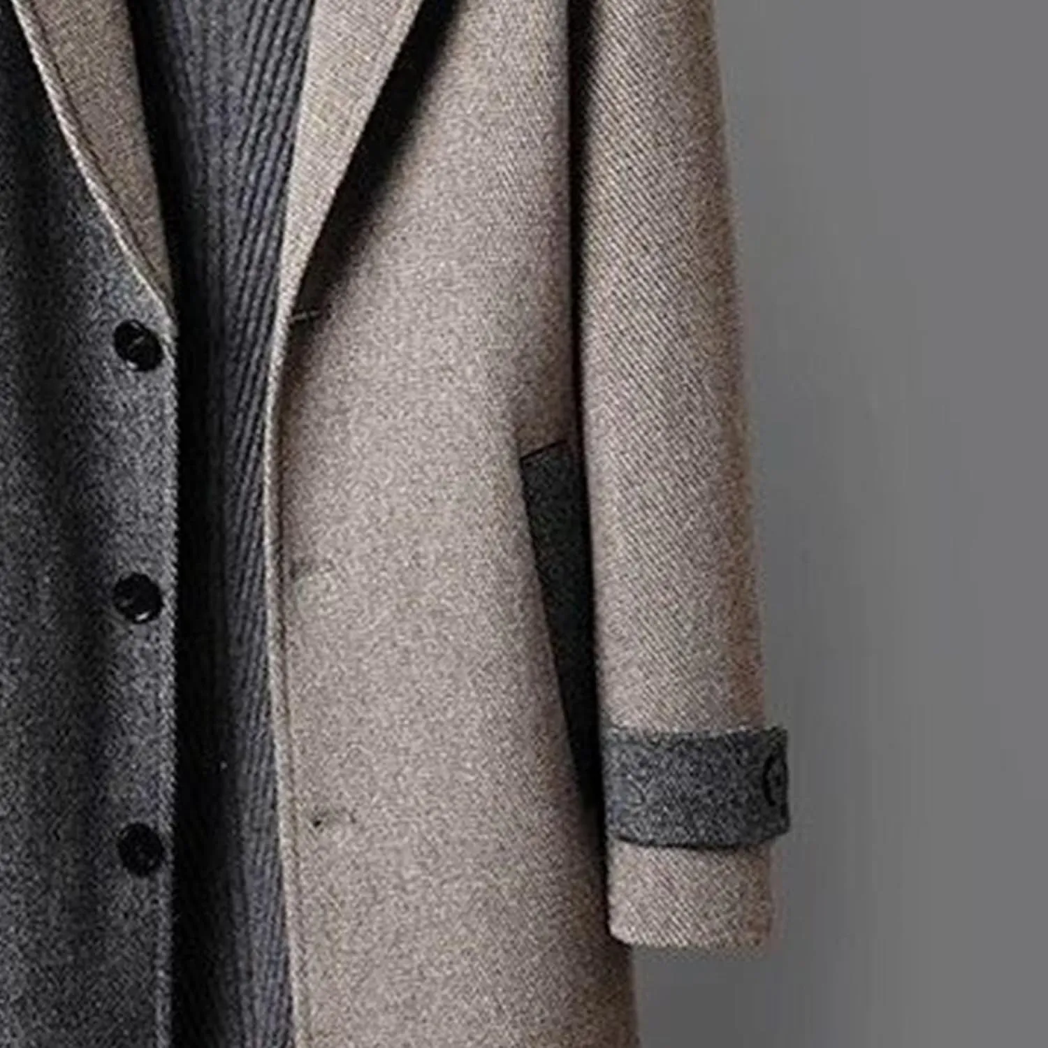 Mens Color Block Trench Coat Notched Collar Wool Blend Single Breasted Pea Coat Classic Mid Long Business Overcoat