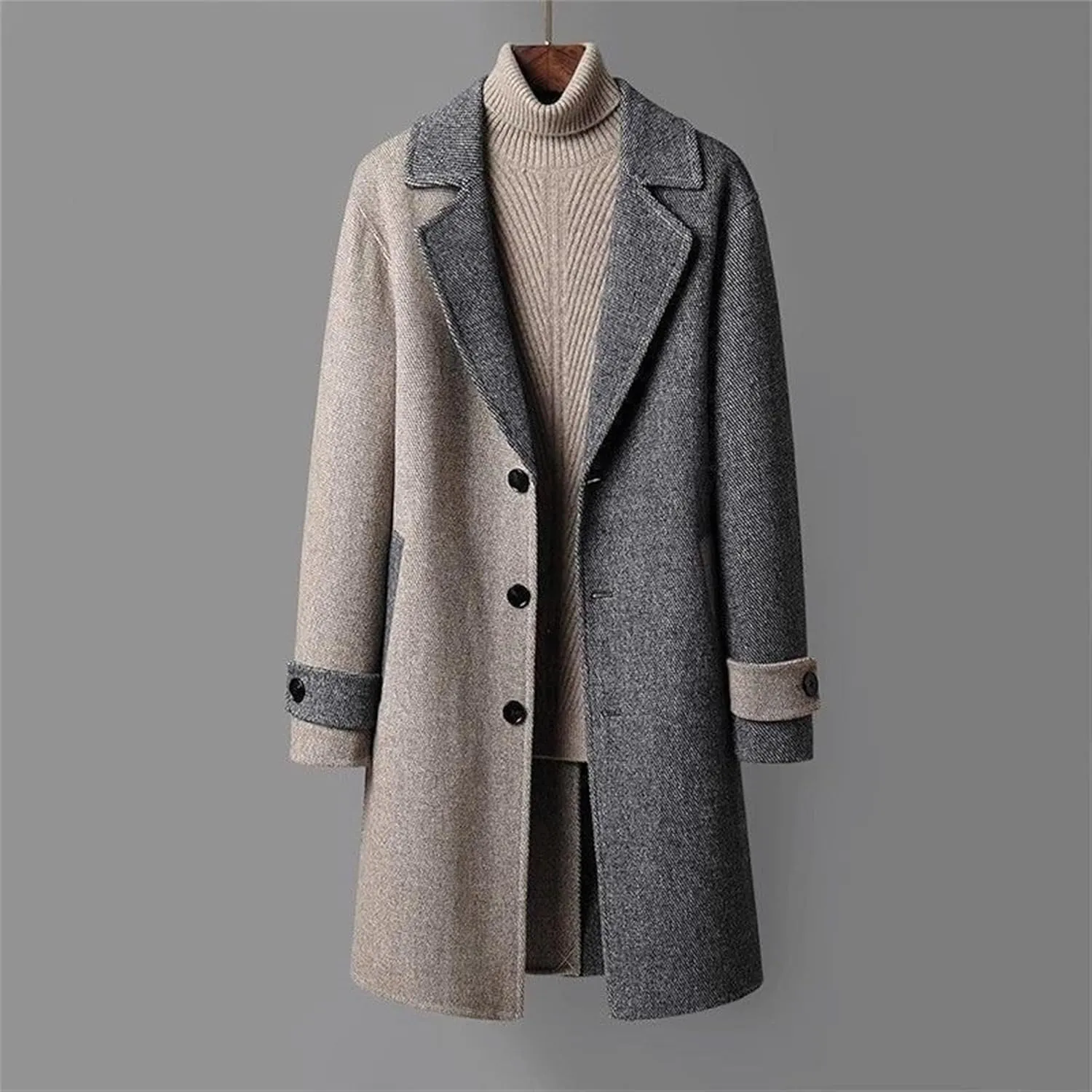 Mens Color Block Trench Coat Notched Collar Wool Blend Single Breasted Pea Coat Classic Mid Long Business Overcoat