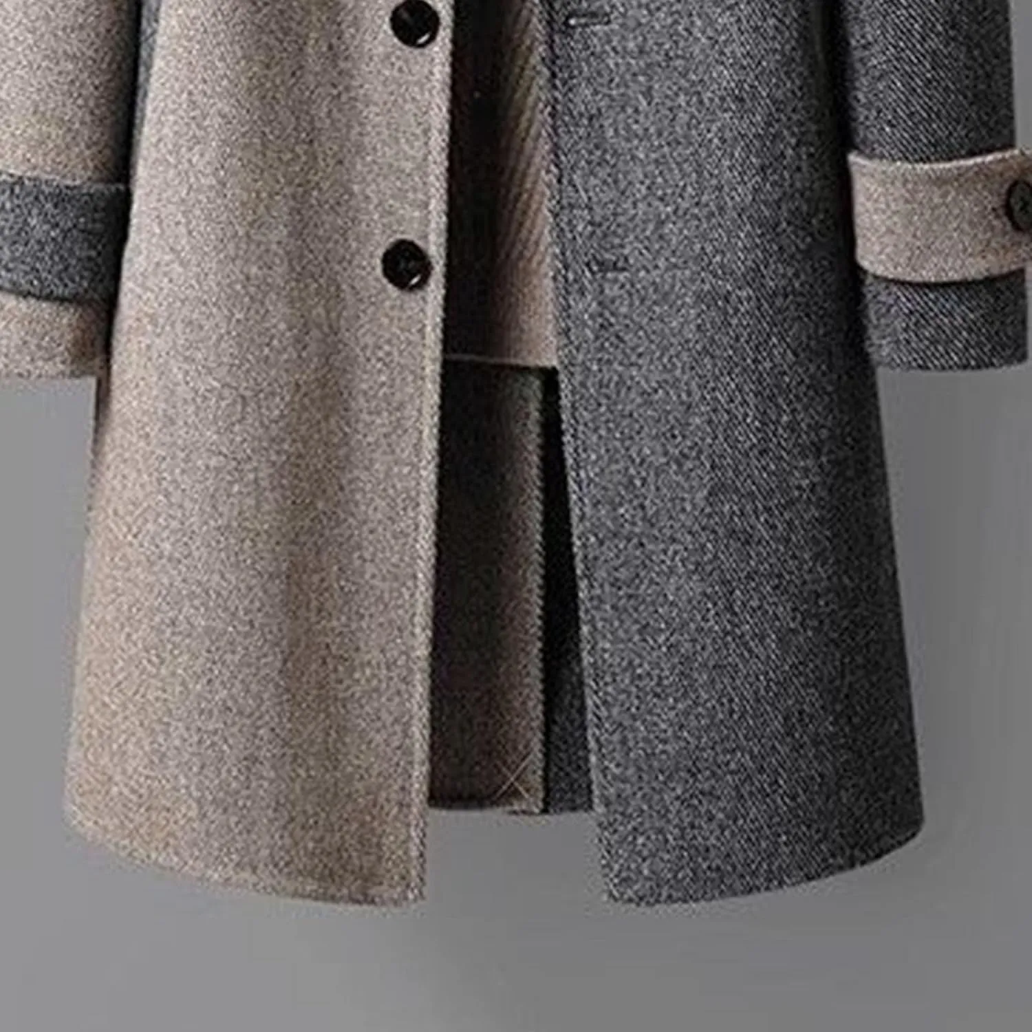 Mens Color Block Trench Coat Notched Collar Wool Blend Single Breasted Pea Coat Classic Mid Long Business Overcoat