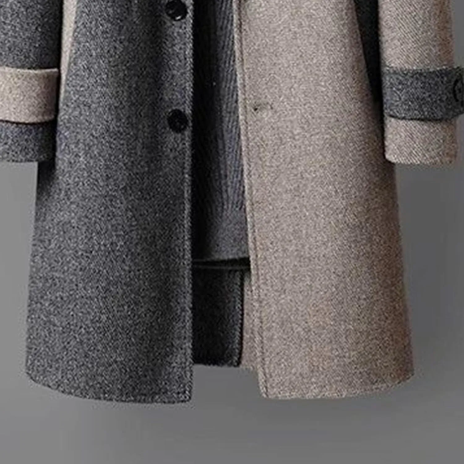 Mens Color Block Trench Coat Notched Collar Wool Blend Single Breasted Pea Coat Classic Mid Long Business Overcoat