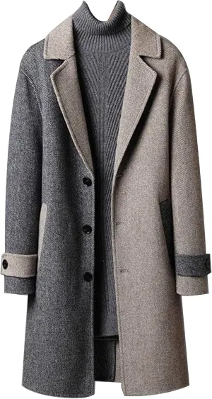 Mens Color Block Trench Coat Notched Collar Wool Blend Single Breasted Pea Coat Classic Mid Long Business Overcoat