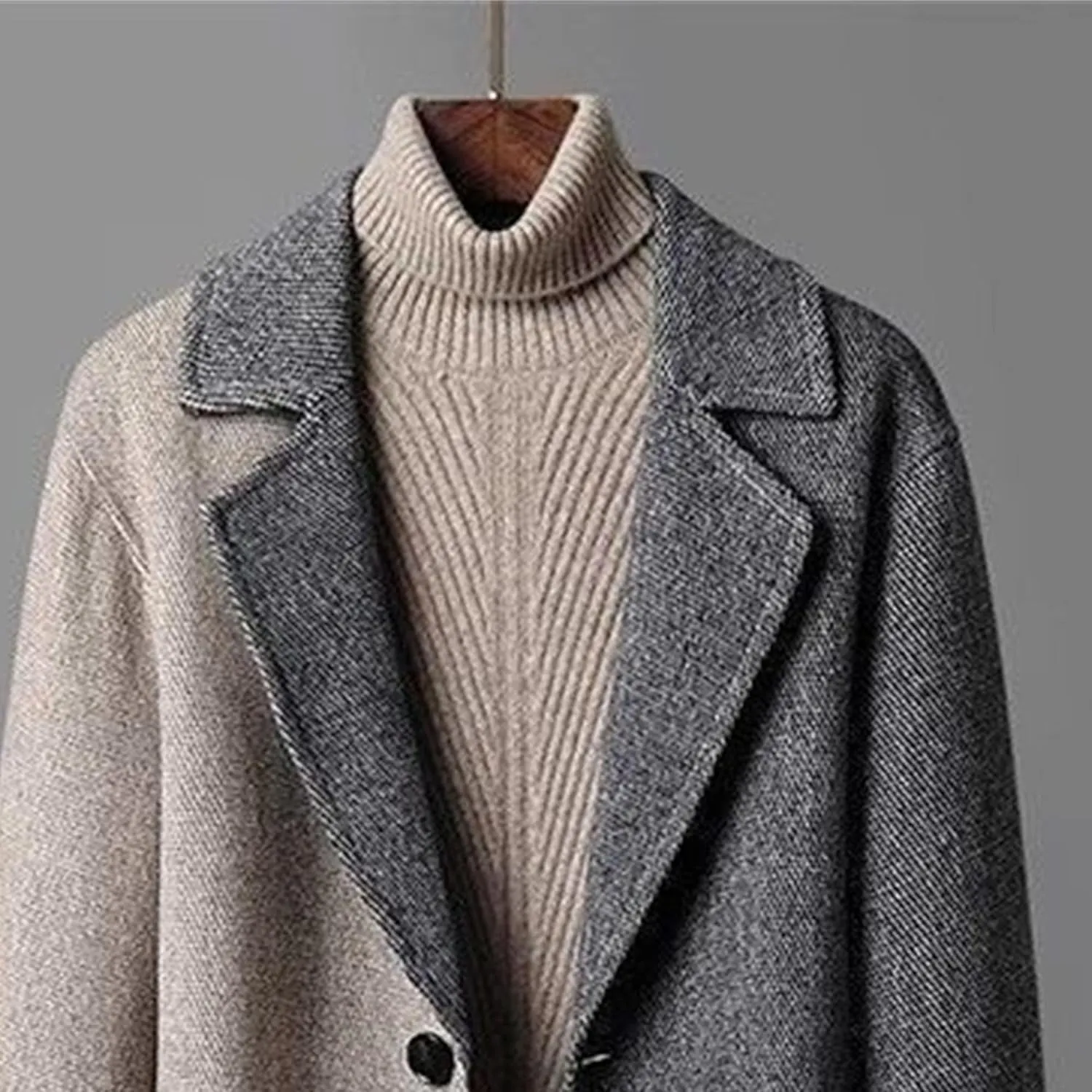 Mens Color Block Trench Coat Notched Collar Wool Blend Single Breasted Pea Coat Classic Mid Long Business Overcoat