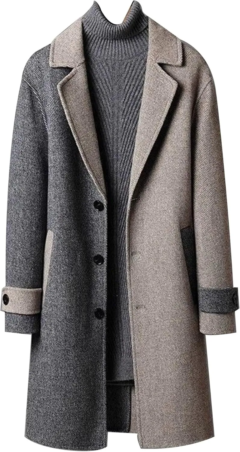 Mens Color Block Trench Coat Notched Collar Wool Blend Single Breasted Pea Coat Classic Mid Long Business Overcoat