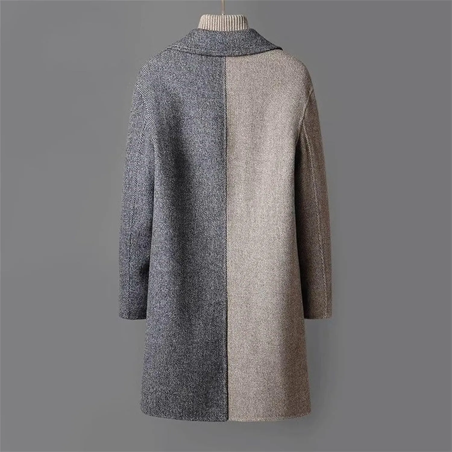 Mens Color Block Trench Coat Notched Collar Wool Blend Single Breasted Pea Coat Classic Mid Long Business Overcoat