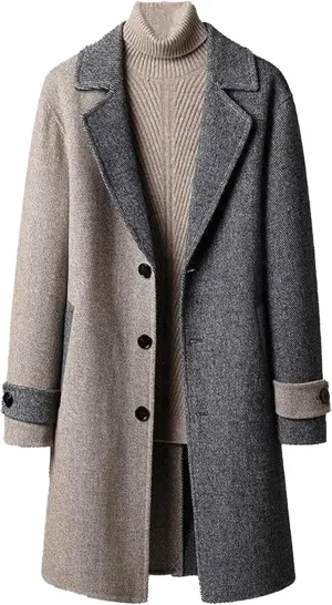 Mens Color Block Trench Coat Notched Collar Wool Blend Single Breasted Pea Coat Classic Mid Long Business Overcoat