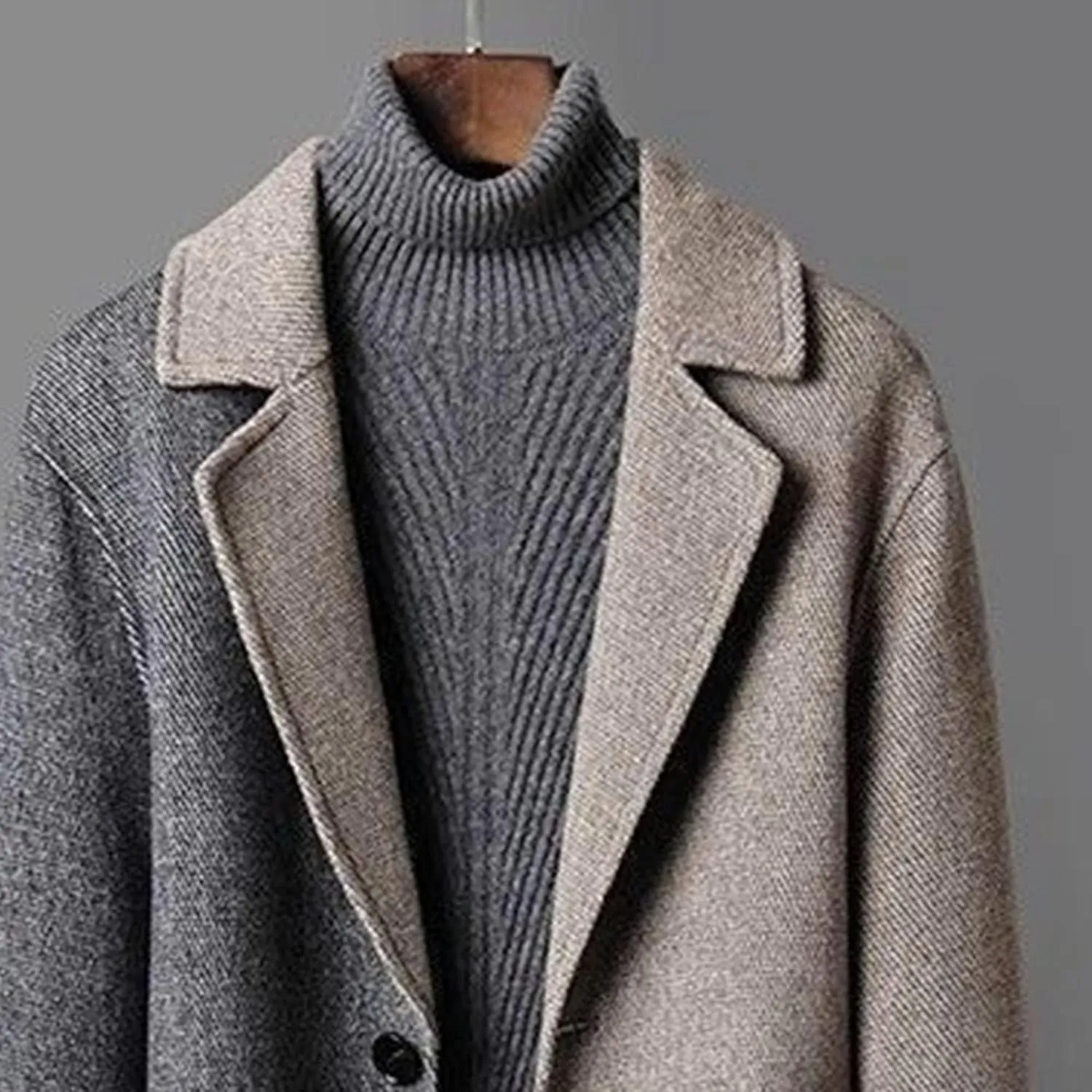 Mens Color Block Trench Coat Notched Collar Wool Blend Single Breasted Pea Coat Classic Mid Long Business Overcoat