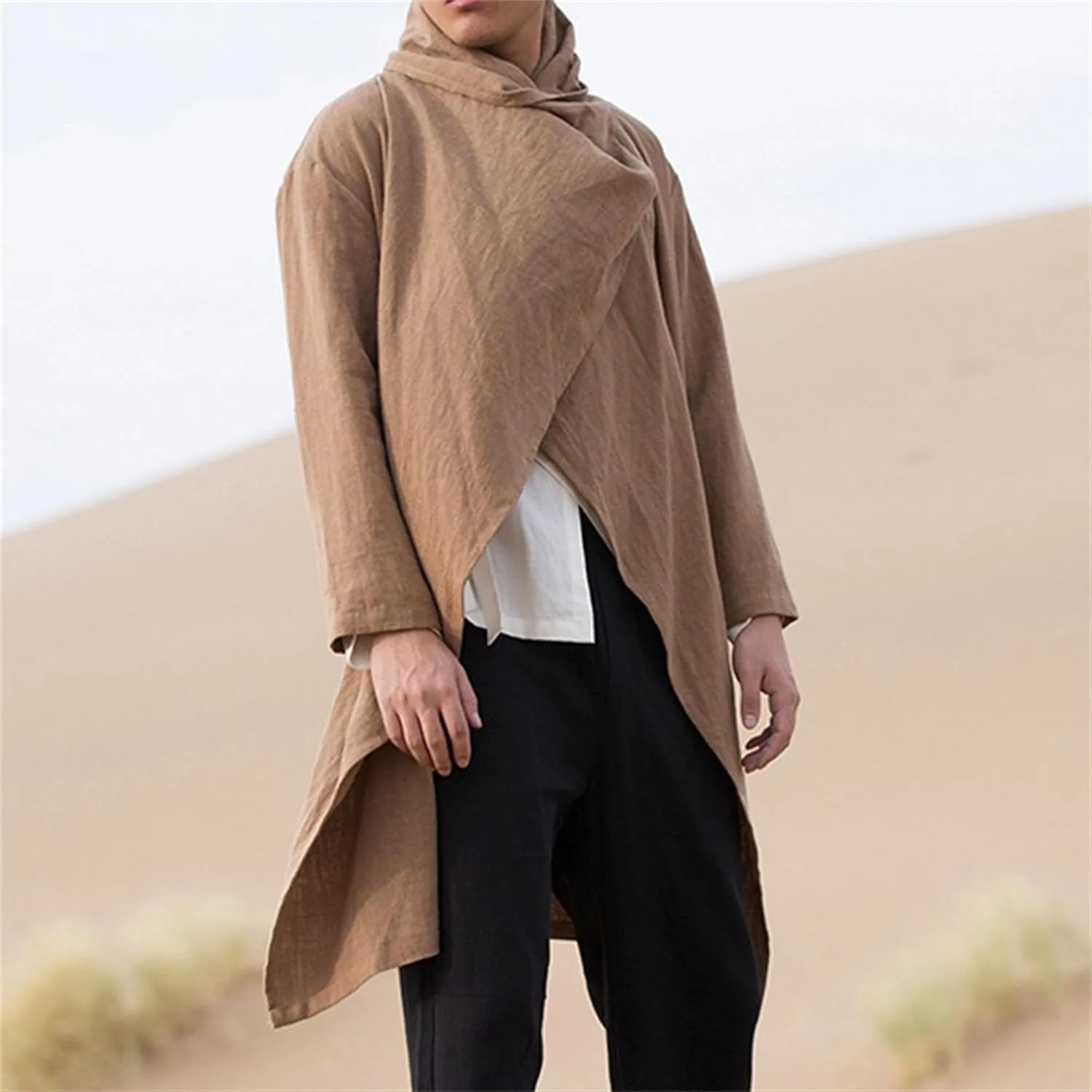 Men's Cotton Linen Irregular Cloak Long Sleeve Loose Poncho Cape Coat Long Jacket Cardigan Outwear Trench Coat