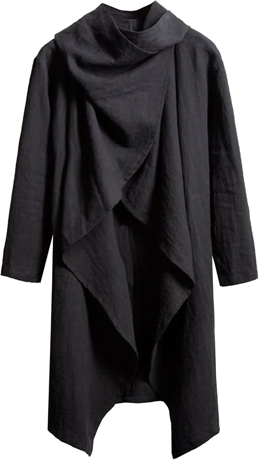 Men's Cotton Linen Irregular Cloak Long Sleeve Loose Poncho Cape Coat Long Jacket Cardigan Outwear Trench Coat