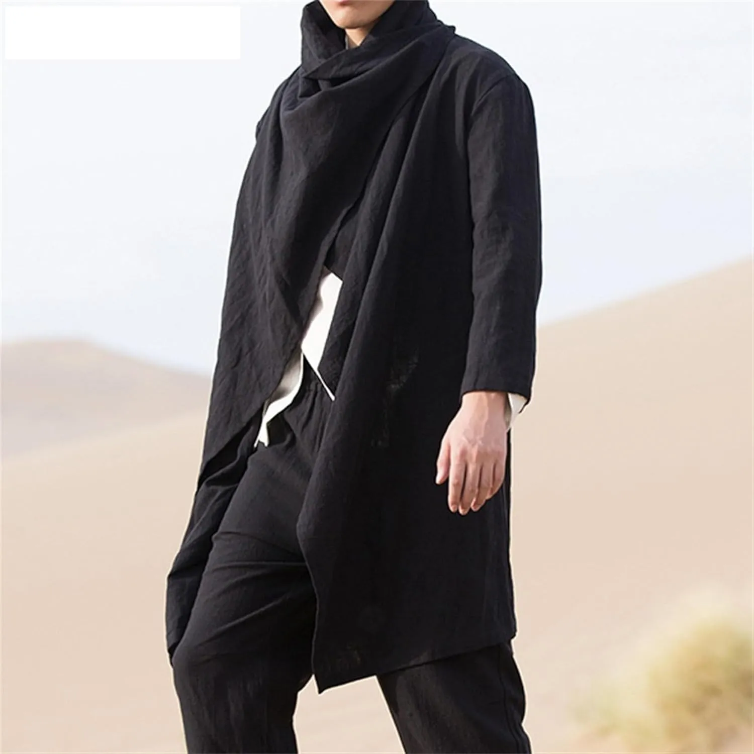 Men's Cotton Linen Irregular Cloak Long Sleeve Loose Poncho Cape Coat Long Jacket Cardigan Outwear Trench Coat