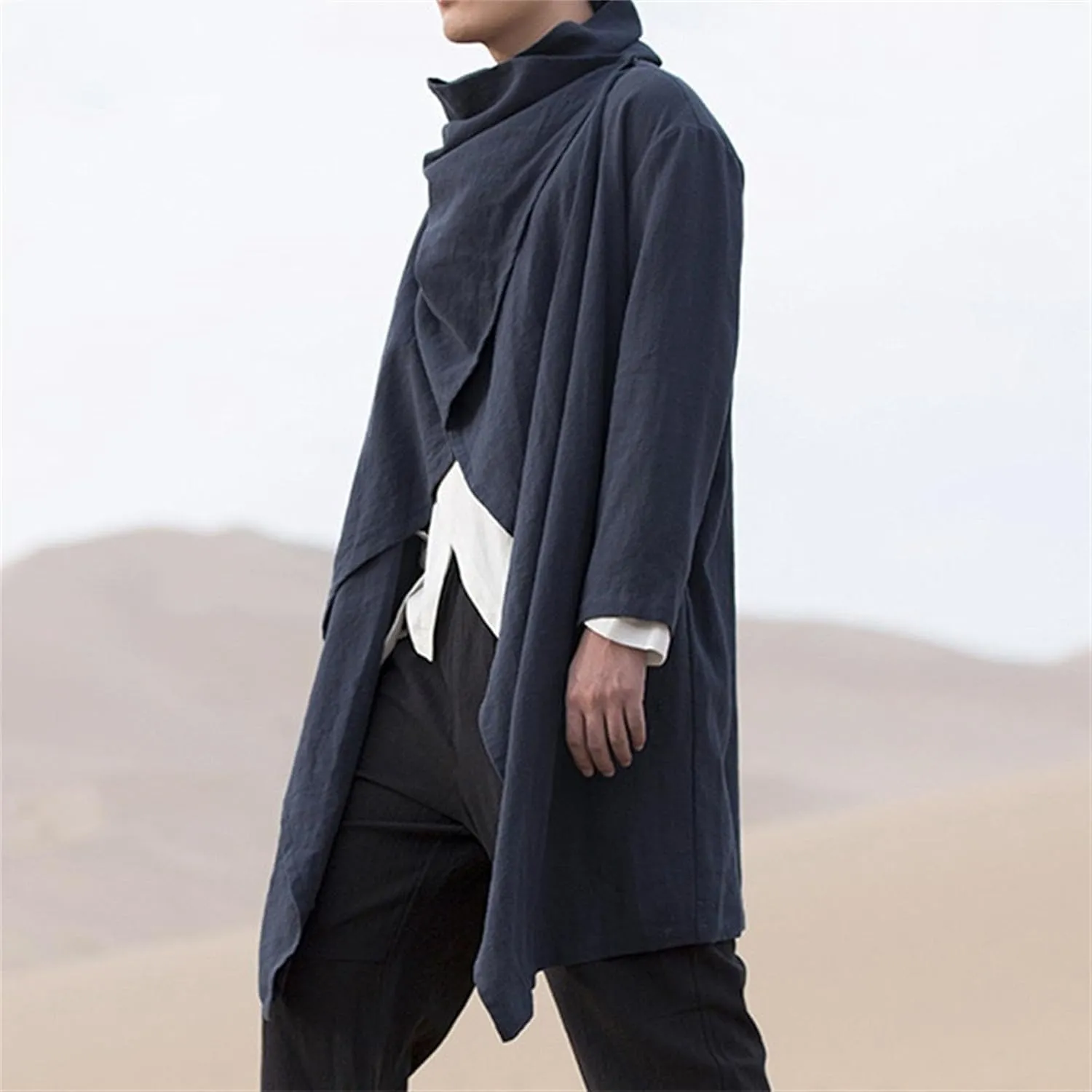 Men's Cotton Linen Irregular Cloak Long Sleeve Loose Poncho Cape Coat Long Jacket Cardigan Outwear Trench Coat