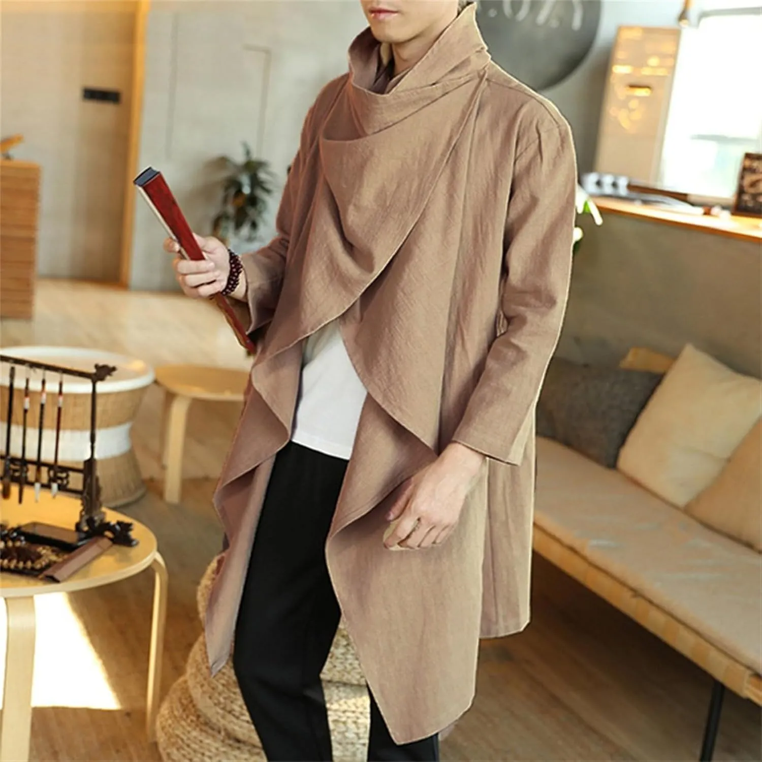 Men's Cotton Linen Irregular Cloak Long Sleeve Loose Poncho Cape Coat Long Jacket Cardigan Outwear Trench Coat