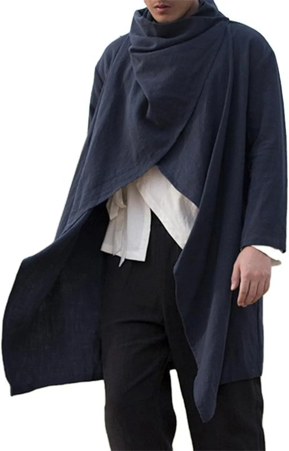 Men's Cotton Linen Irregular Cloak Long Sleeve Loose Poncho Cape Coat Long Jacket Cardigan Outwear Trench Coat