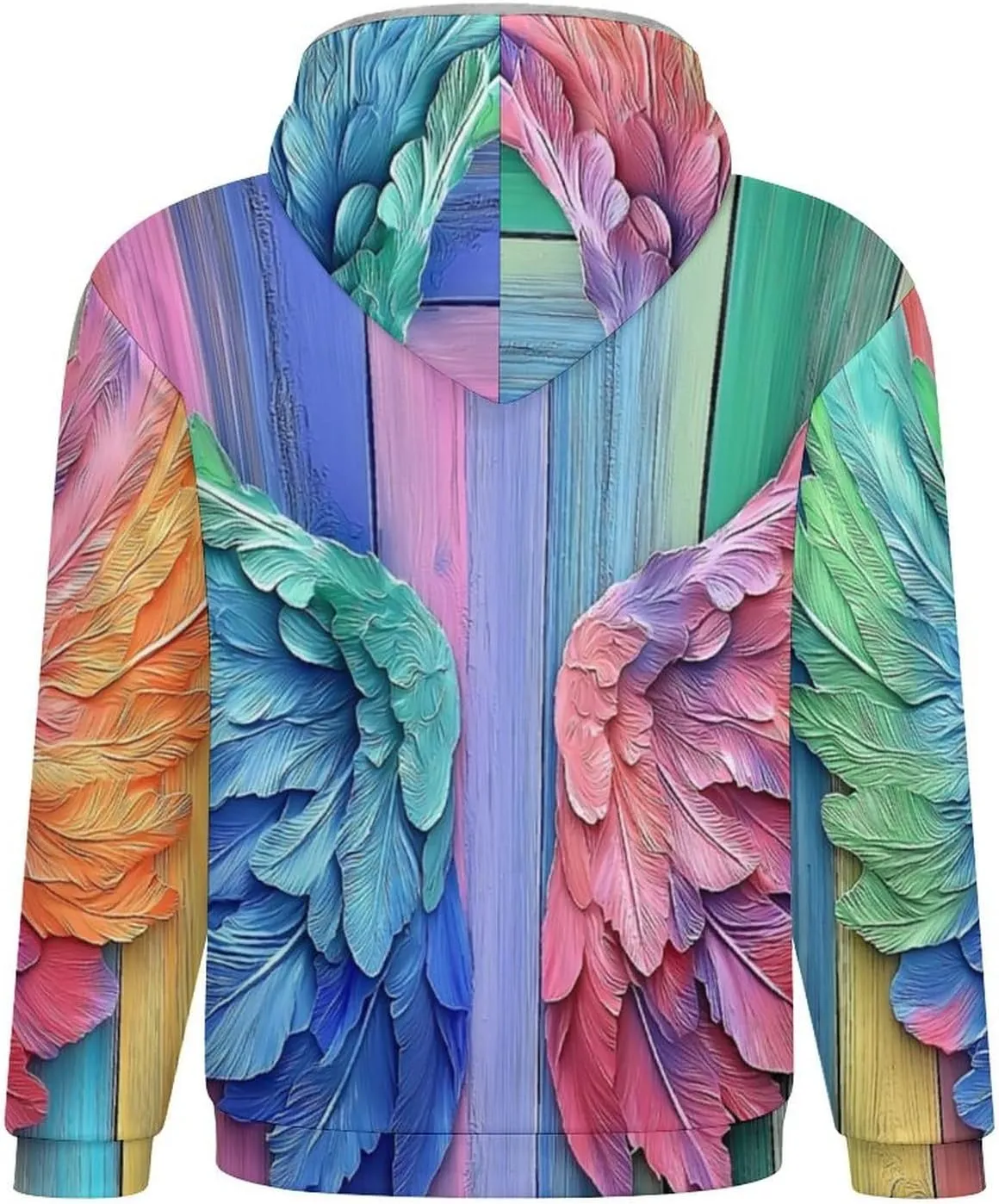 Mens Cotton Padded Fleece Jacket, Winter Full Zip Up Coat, Rainbow Angel Wings Hooded Warm Sherpa Lined Sweatshirts