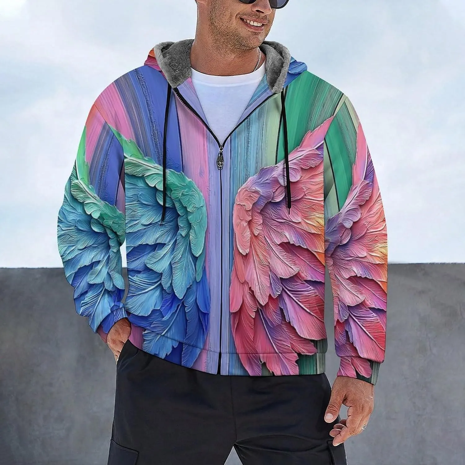 Mens Cotton Padded Fleece Jacket, Winter Full Zip Up Coat, Rainbow Angel Wings Hooded Warm Sherpa Lined Sweatshirts