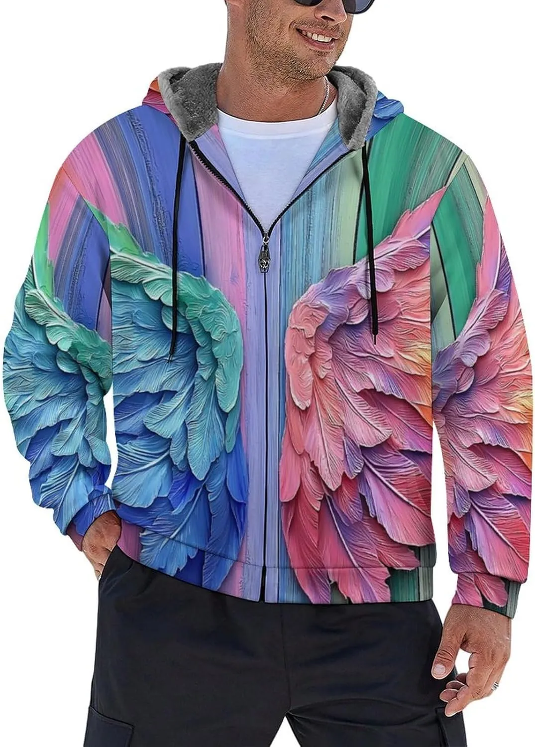 Mens Cotton Padded Fleece Jacket, Winter Full Zip Up Coat, Rainbow Angel Wings Hooded Warm Sherpa Lined Sweatshirts