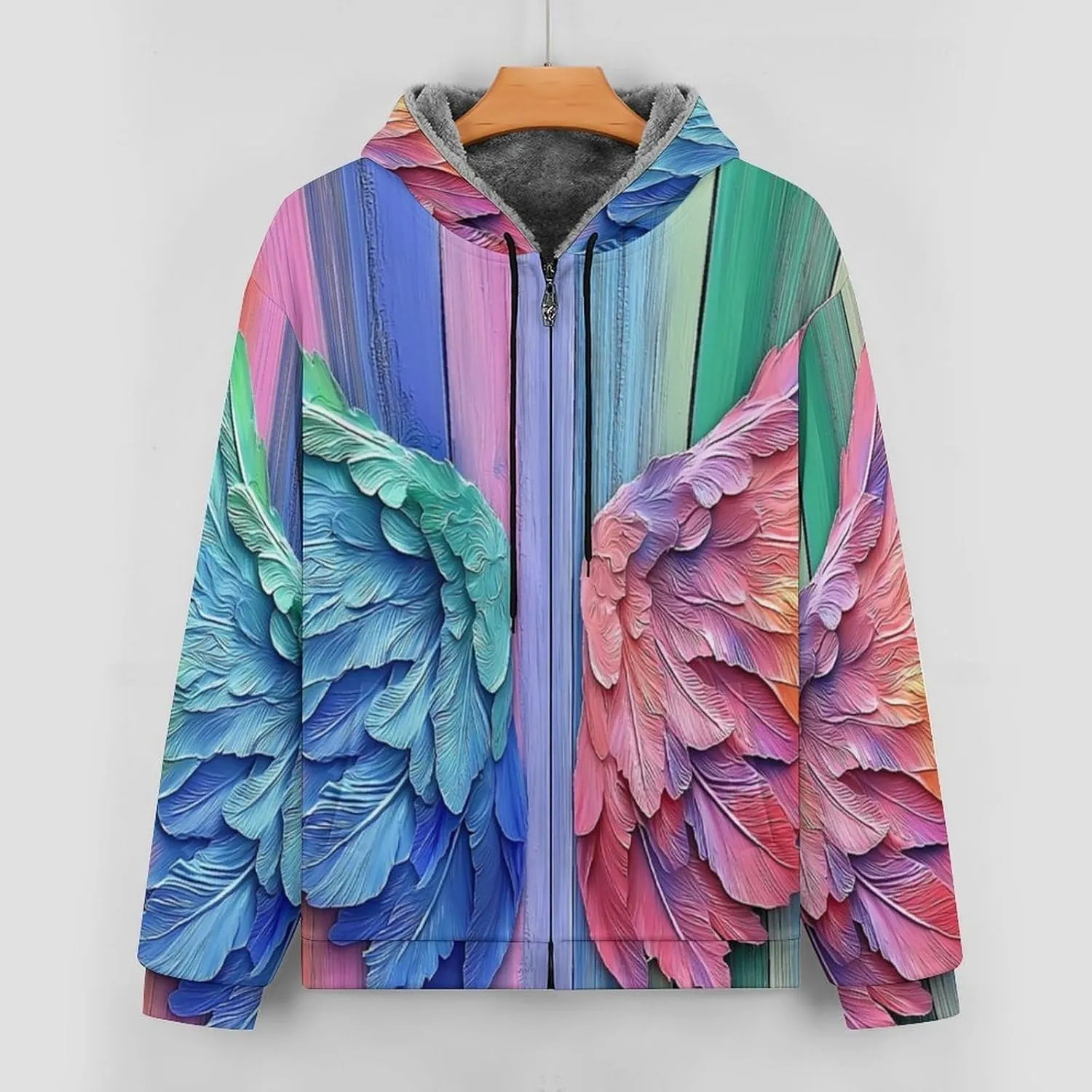 Mens Cotton Padded Fleece Jacket, Winter Full Zip Up Coat, Rainbow Angel Wings Hooded Warm Sherpa Lined Sweatshirts
