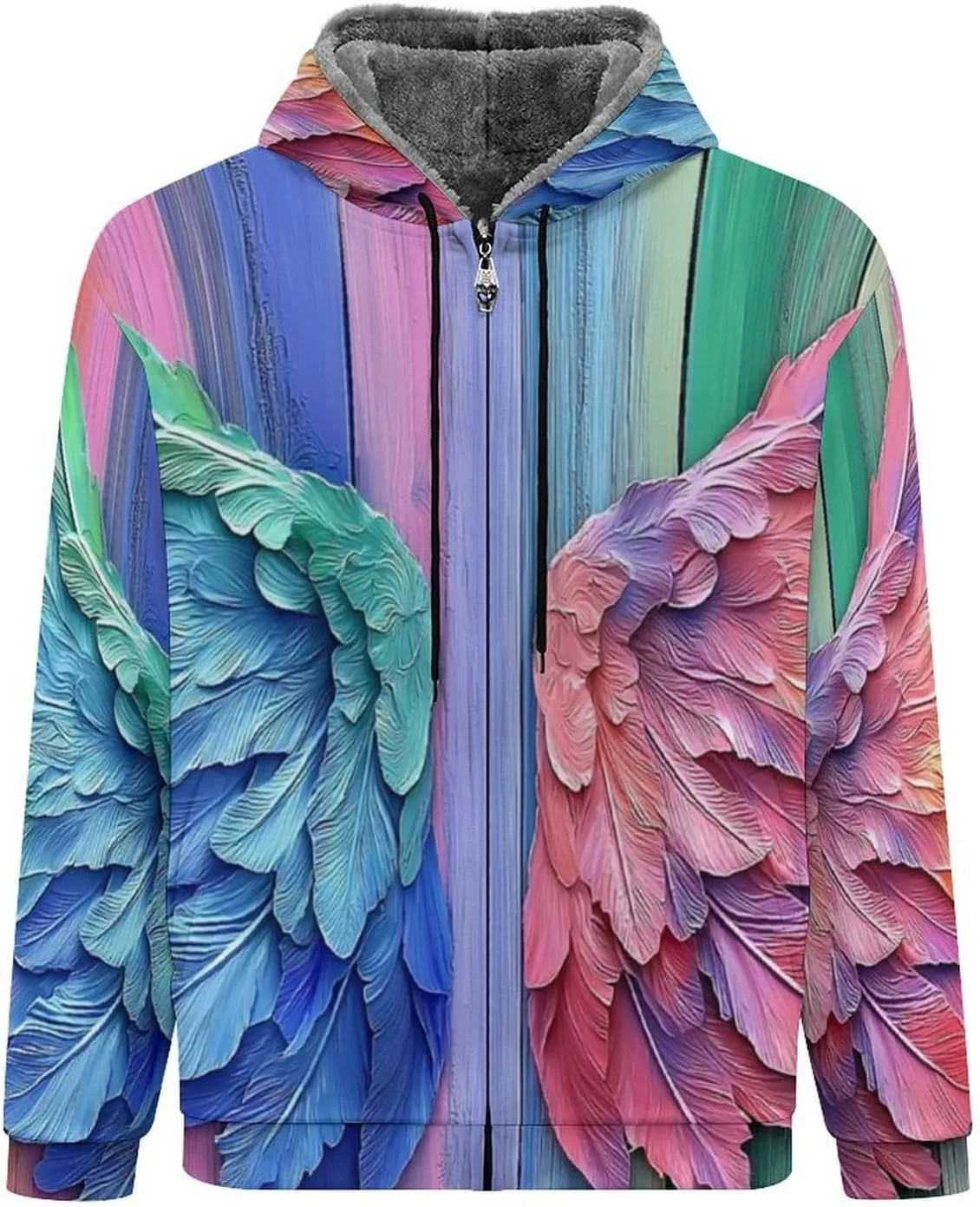 Mens Cotton Padded Fleece Jacket, Winter Full Zip Up Coat, Rainbow Angel Wings Hooded Warm Sherpa Lined Sweatshirts