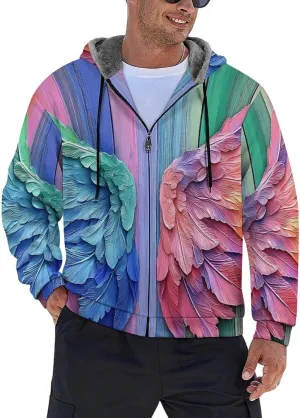 Mens Cotton Padded Fleece Jacket, Winter Full Zip Up Coat, Rainbow Angel Wings Hooded Warm Sherpa Lined Sweatshirts
