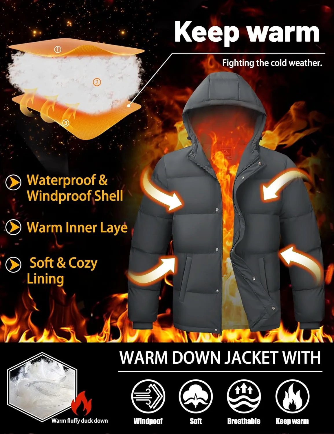 Men's Down Puffer Jacket Hooded Water-Resistant Windproof Jackets Full Zip Winter Thicken Thermal Puffy Coat