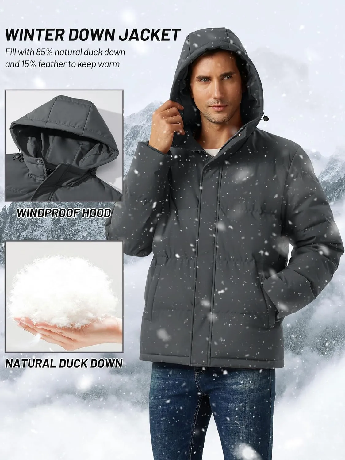 Men's Down Puffer Jacket Hooded Water-Resistant Windproof Jackets Full Zip Winter Thicken Thermal Puffy Coat