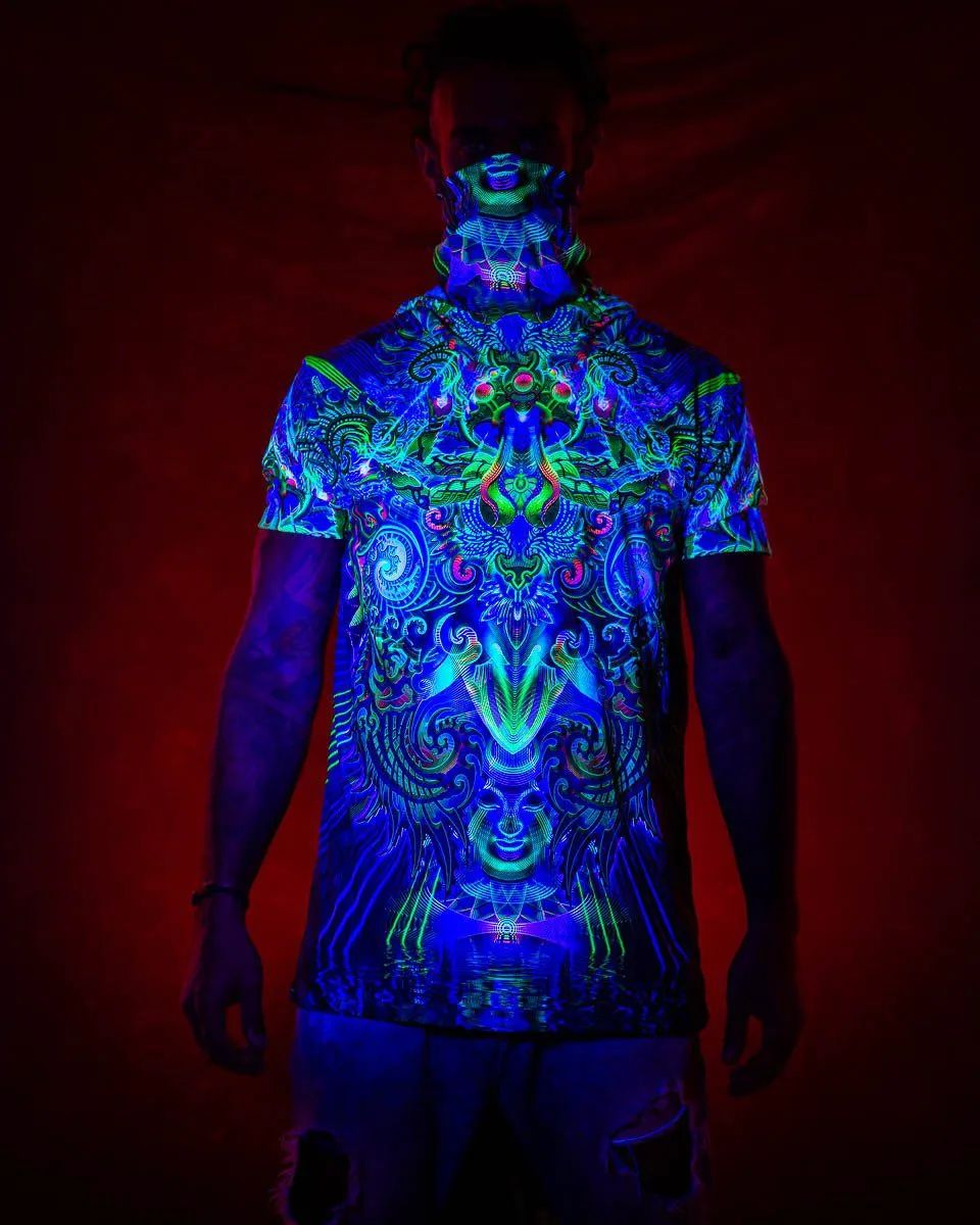 Mens Festival Top | Psy Clothing | Mens Rave Outfit | UV Blacklight Shirt | Psychedelic Shirt | Neck Gaiter and Hood | Garuda - Ninja