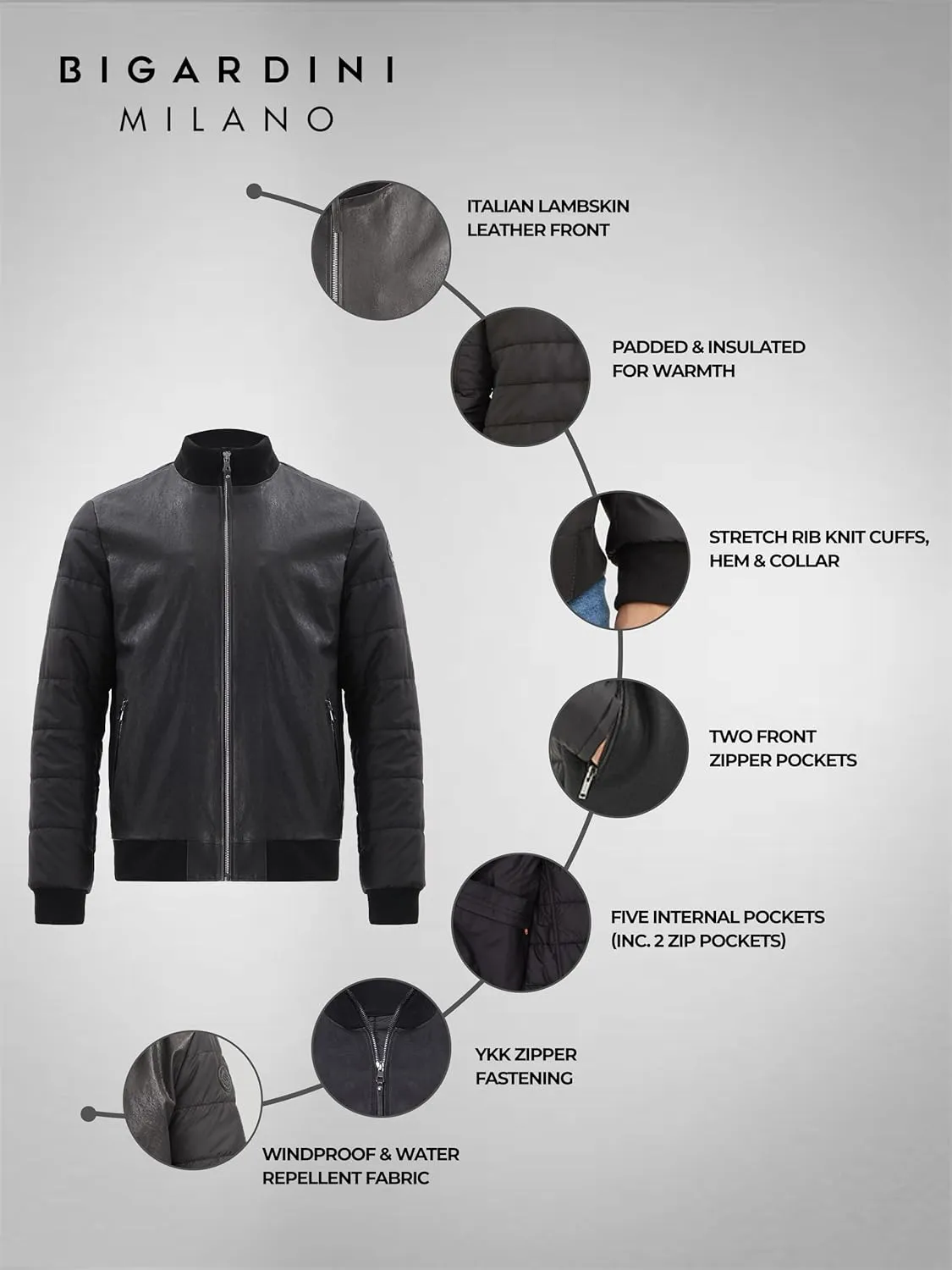 Men's Italian Lambskin Leather Puffer Jacket - Black