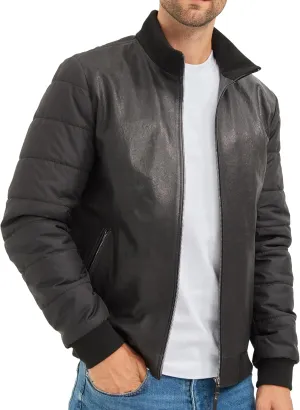 Men's Italian Lambskin Leather Puffer Jacket - Black