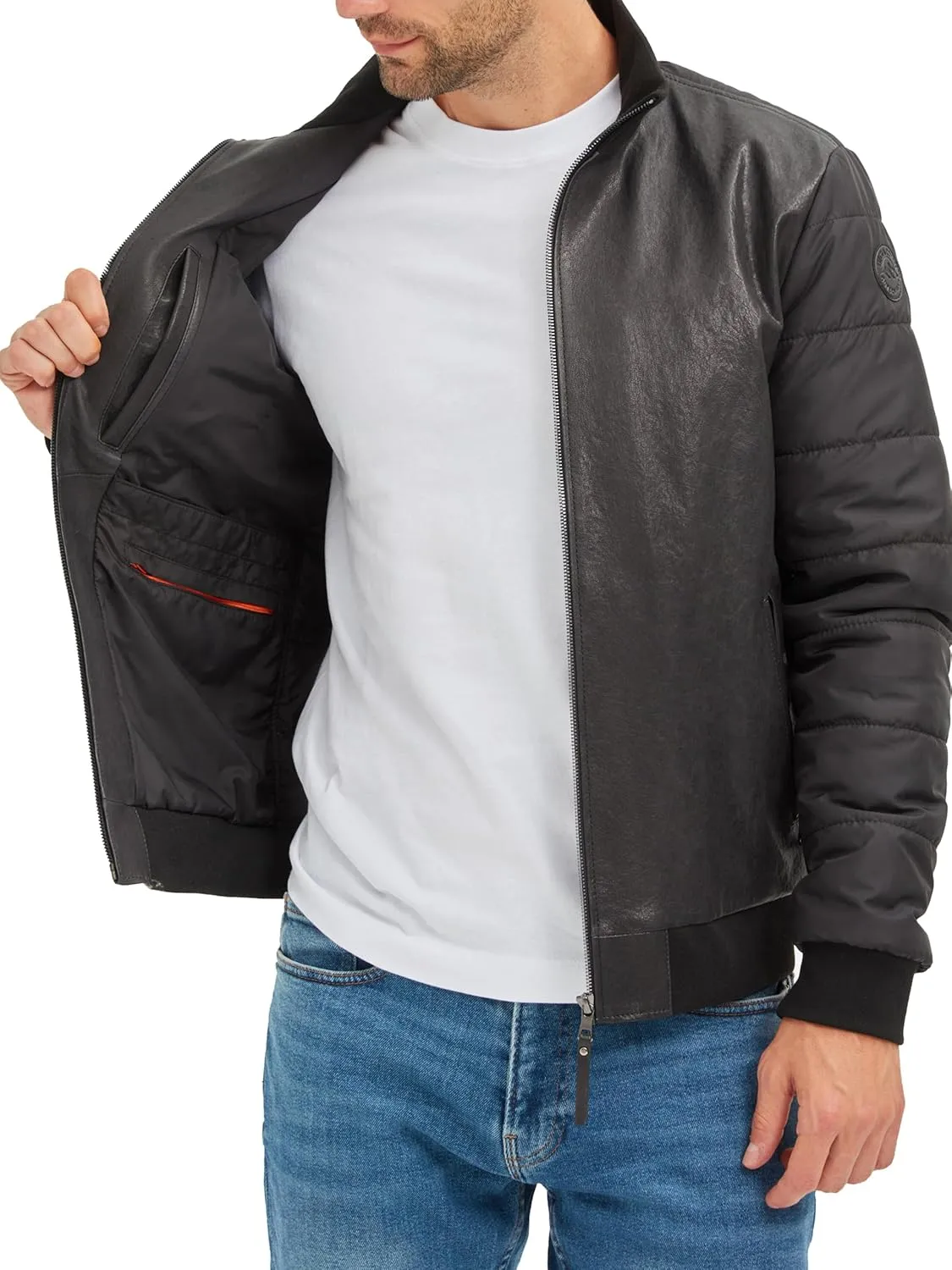 Men's Italian Lambskin Leather Puffer Jacket - Black