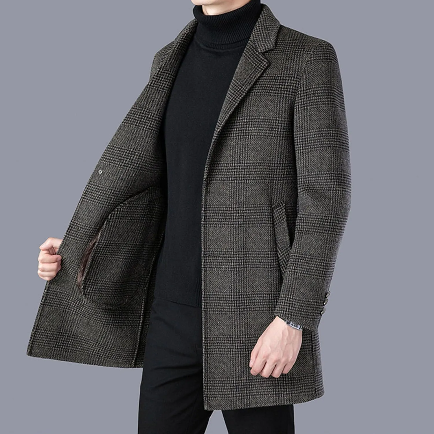Mens Mid Long Trench Coat Casual Wool Blend Business Overcoat Winter Single Breasted Plaid Male Coats