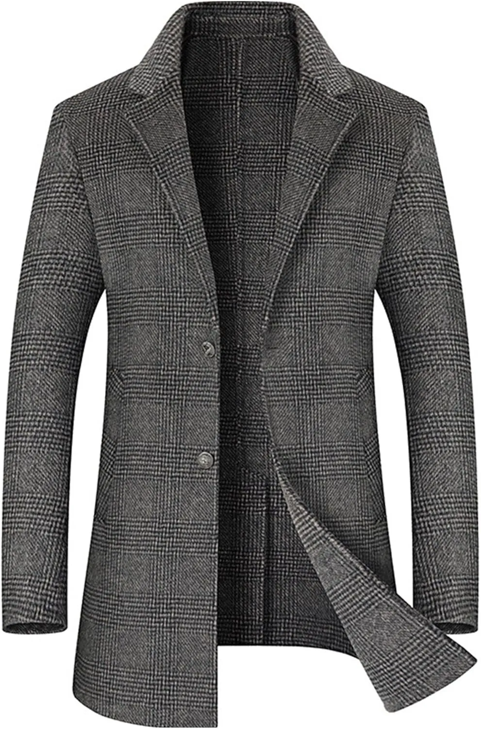 Mens Mid Long Trench Coat Casual Wool Blend Business Overcoat Winter Single Breasted Plaid Male Coats