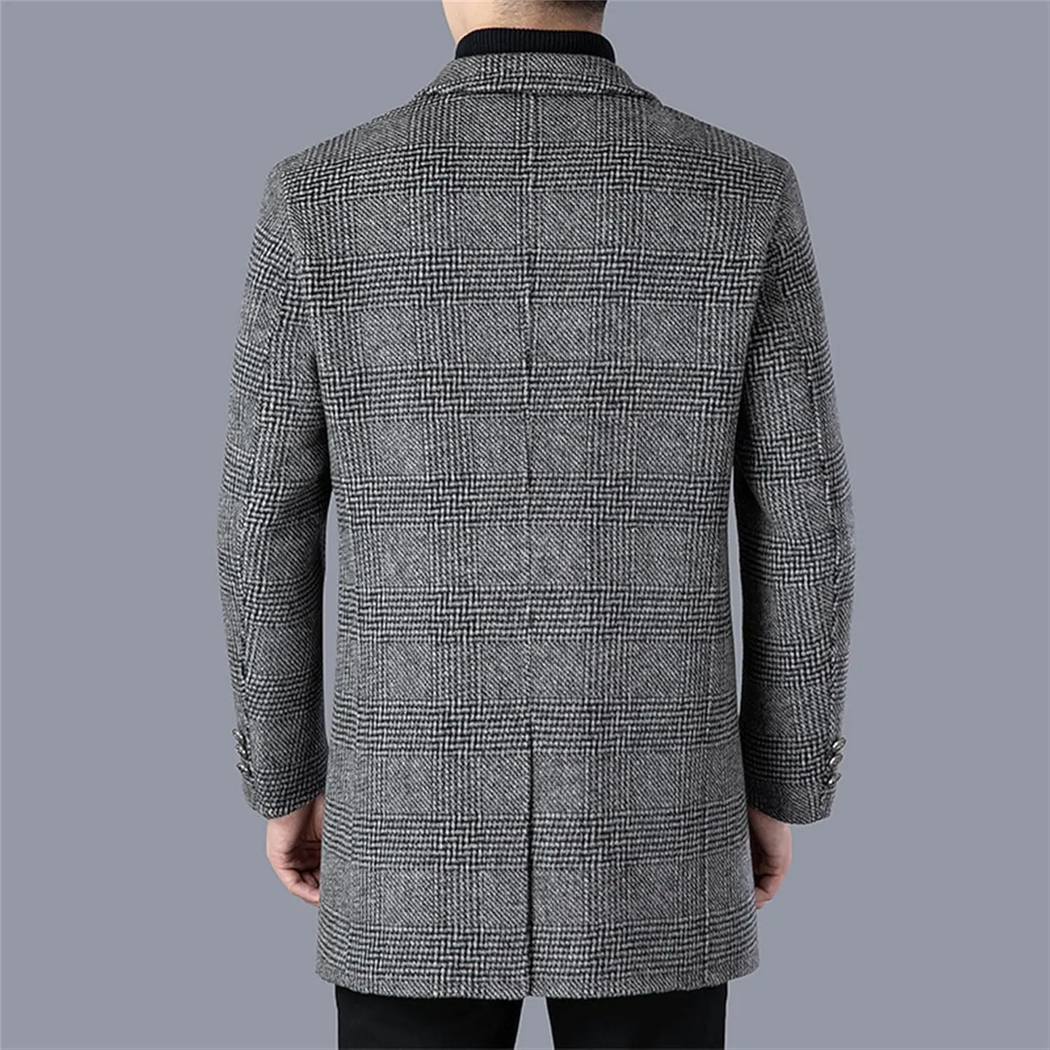 Mens Mid Long Trench Coat Casual Wool Blend Business Overcoat Winter Single Breasted Plaid Male Coats