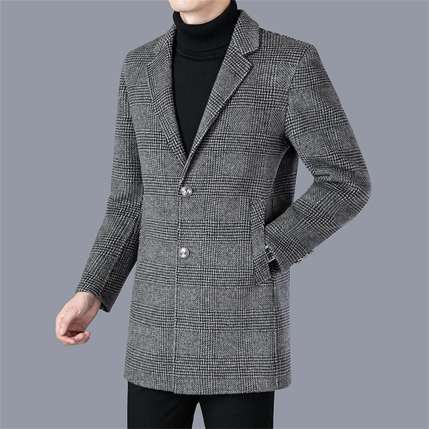 Mens Mid Long Trench Coat Casual Wool Blend Business Overcoat Winter Single Breasted Plaid Male Coats