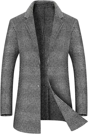 Mens Mid Long Trench Coat Casual Wool Blend Business Overcoat Winter Single Breasted Plaid Male Coats