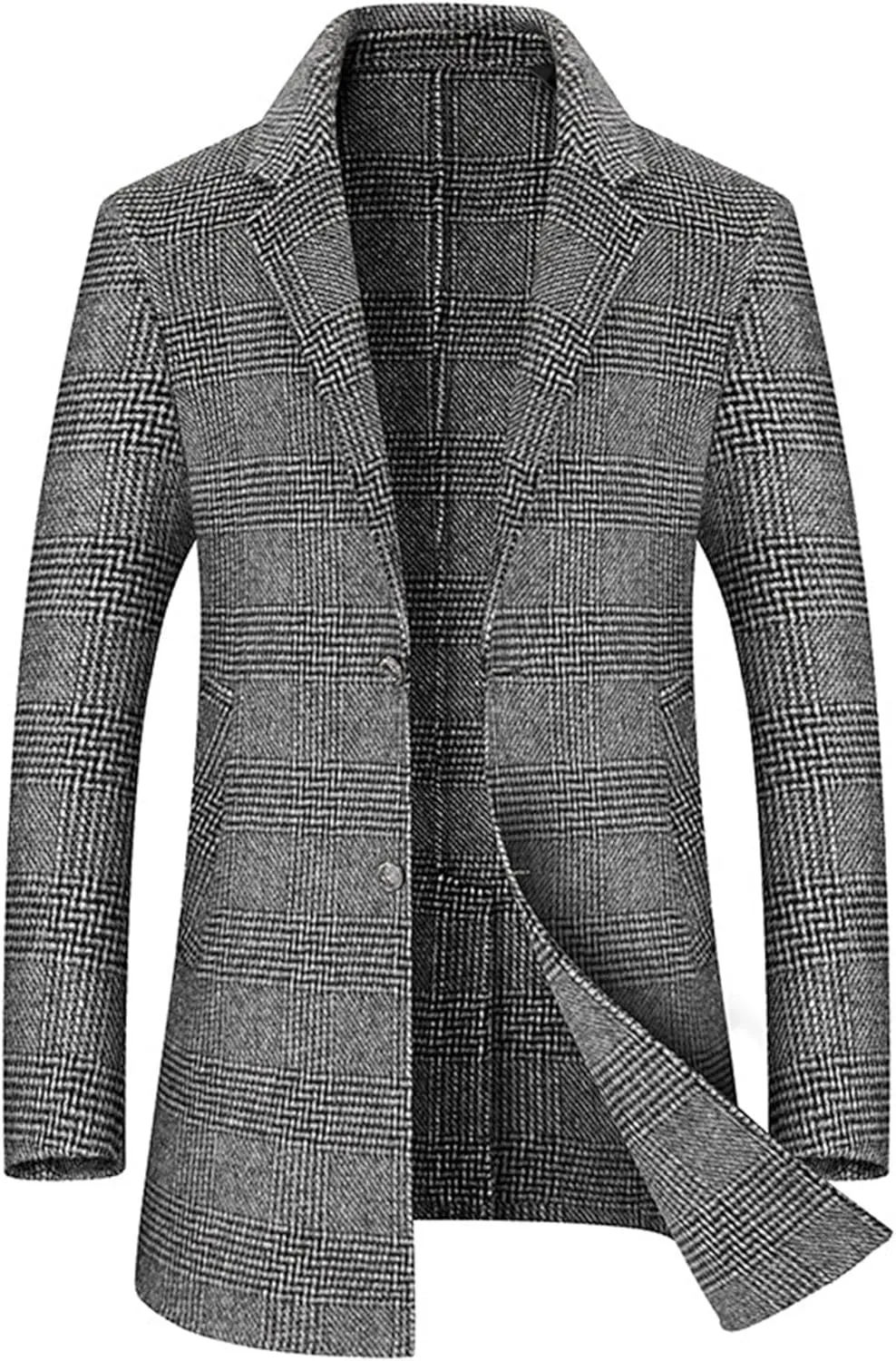 Mens Mid Long Trench Coat Casual Wool Blend Business Overcoat Winter Single Breasted Plaid Male Coats