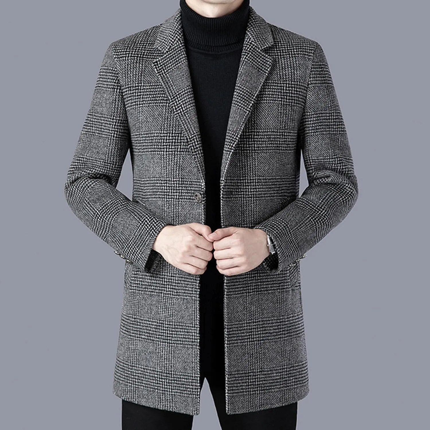 Mens Mid Long Trench Coat Casual Wool Blend Business Overcoat Winter Single Breasted Plaid Male Coats
