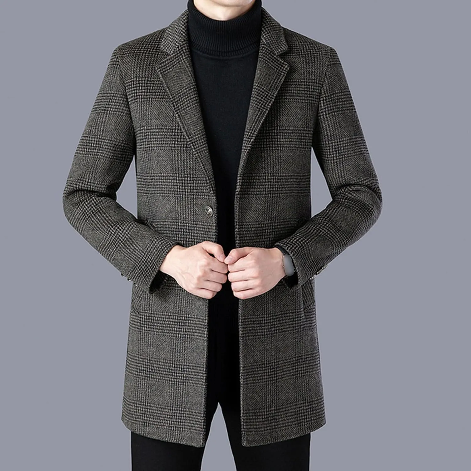 Mens Mid Long Trench Coat Casual Wool Blend Business Overcoat Winter Single Breasted Plaid Male Coats