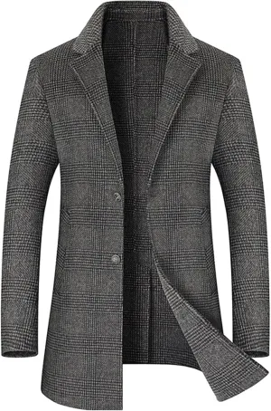 Mens Mid Long Trench Coat Casual Wool Blend Business Overcoat Winter Single Breasted Plaid Male Coats