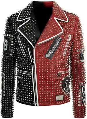 Men's Multicolor Diamond Studded Brando Retro Motorcycle Rock Punk Biker Genuine Leather Jacket