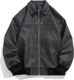 Men's Oversized Faux Leather Zip Up Bomber Jacket 90S Vintage Biker Racing Moto Jackets Streetwear Coats