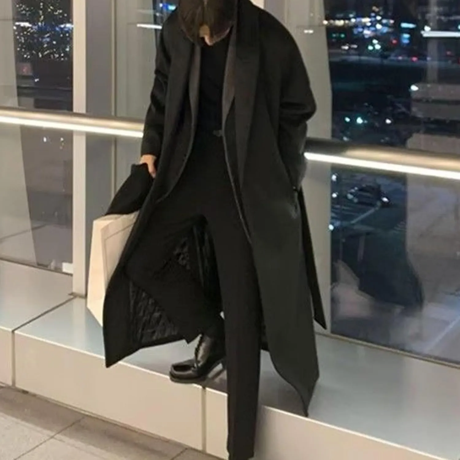 Mens Oversized Trench Coat Notched Lapel Long Jacket Wool Blend Pea Coat Full Length Windbreaker Winter Overcoat