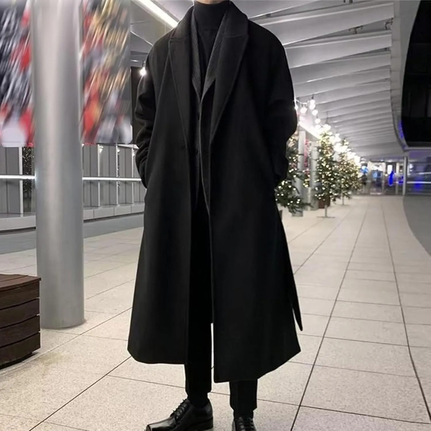 Mens Oversized Trench Coat Notched Lapel Long Jacket Wool Blend Pea Coat Full Length Windbreaker Winter Overcoat