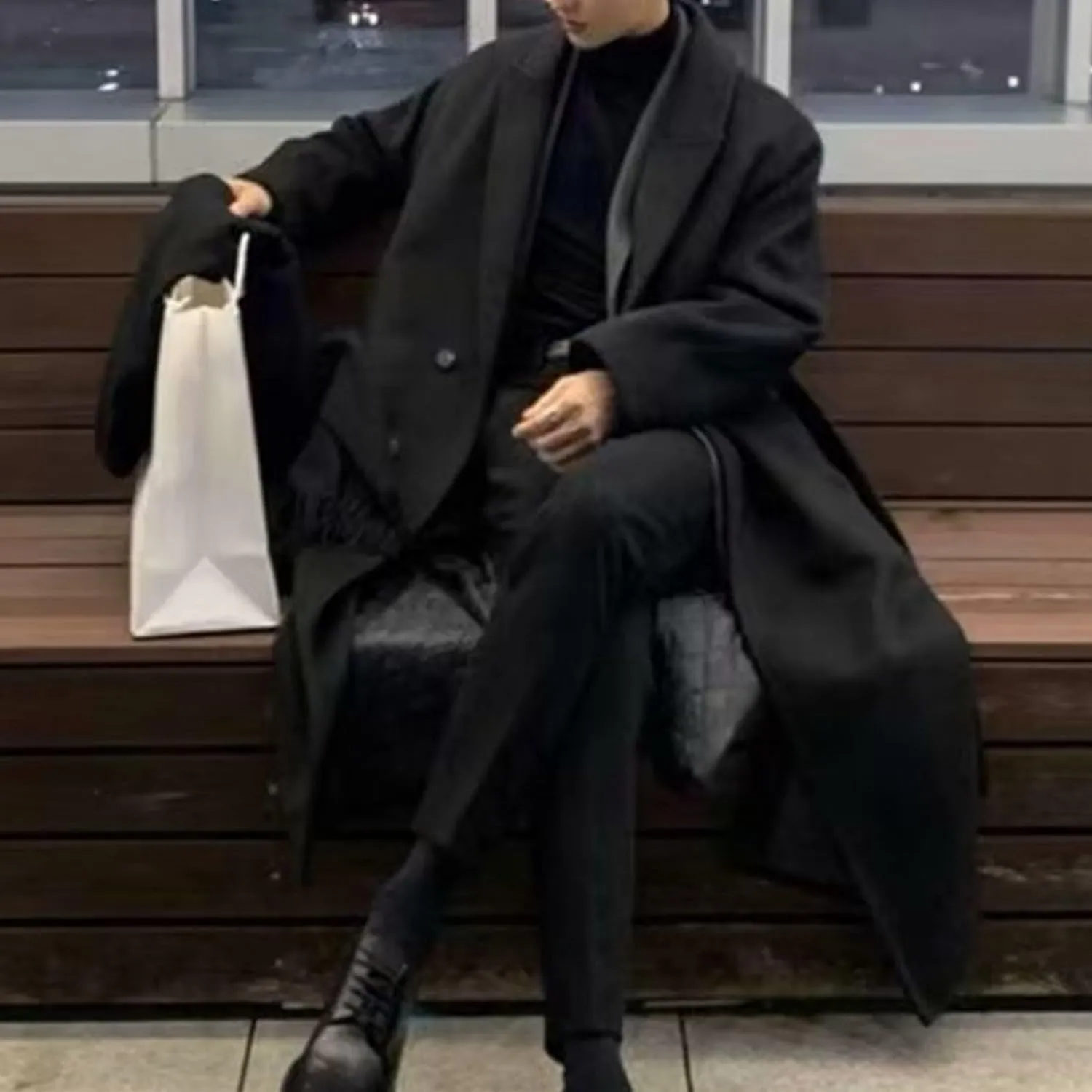 Mens Oversized Trench Coat Notched Lapel Long Jacket Wool Blend Pea Coat Full Length Windbreaker Winter Overcoat